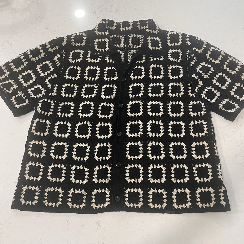 Retro 70s Vibe Knit Square Pattern Button Boxy Shirt Men L Cabana Resort Boho